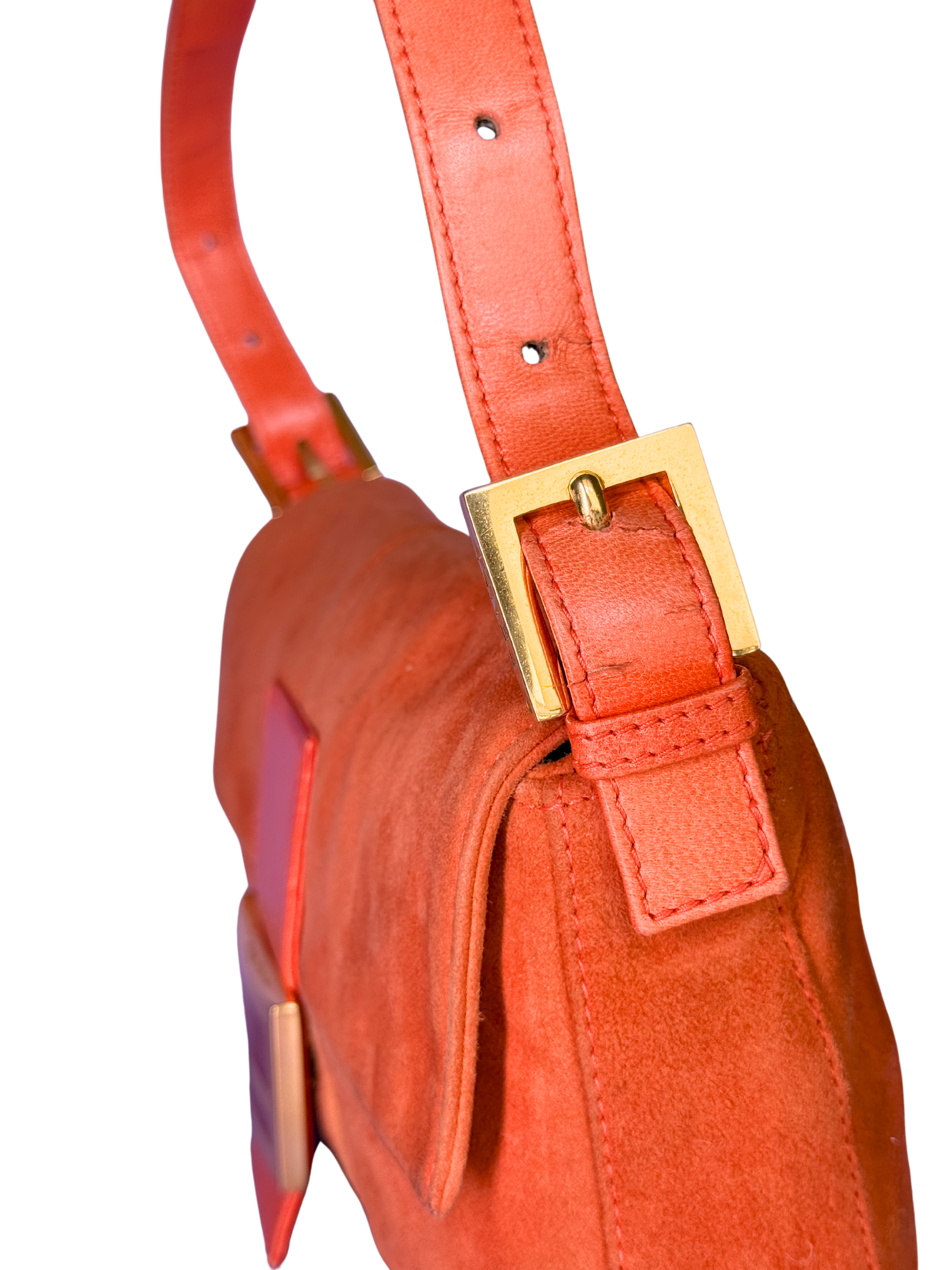 Fendi Orange Suede Baguette with Gold Buckle and Pink Sparkles