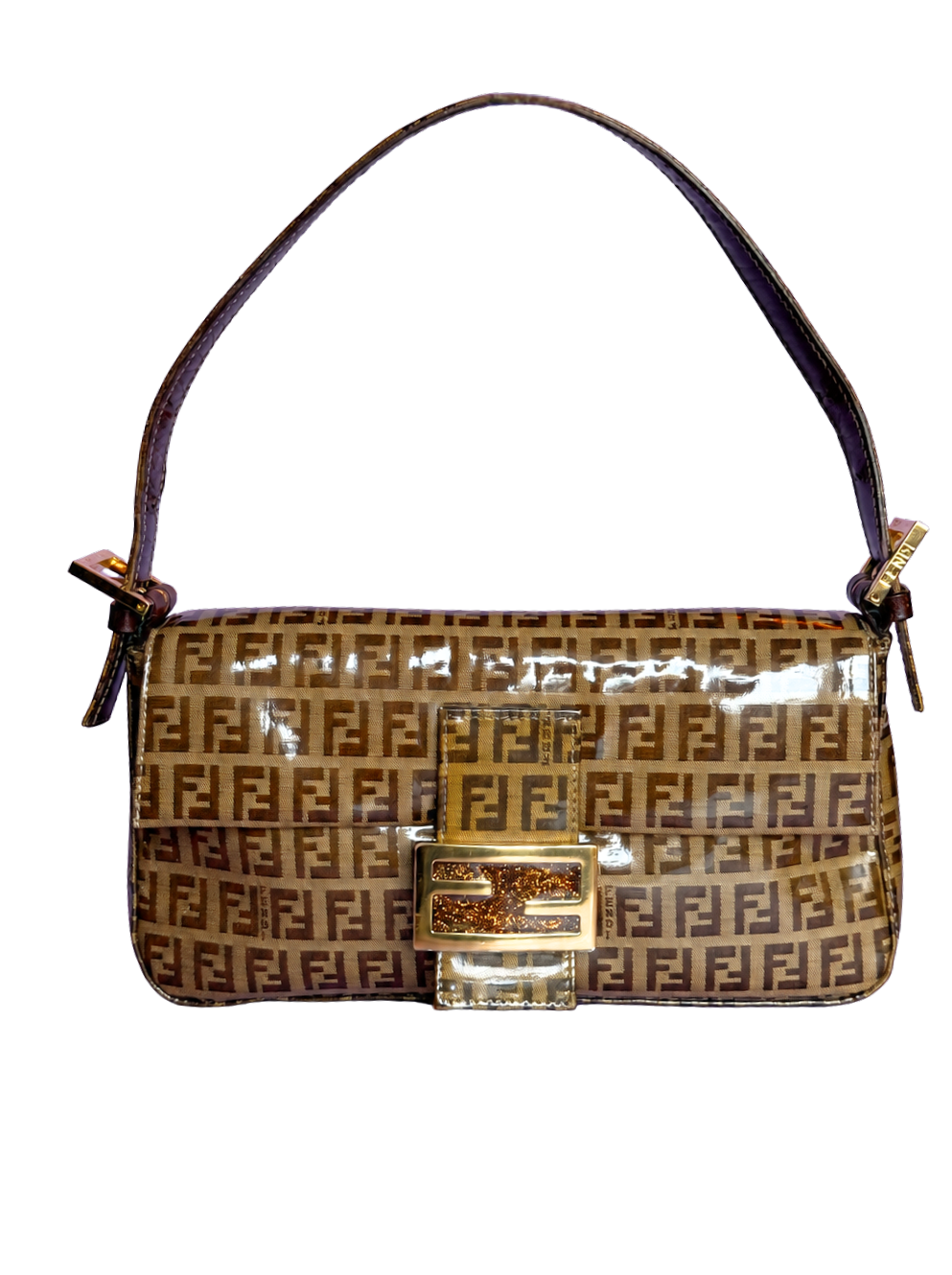 FENDI Zucchino Baguette PVC Shoulder Bag Brown with glitter buckle