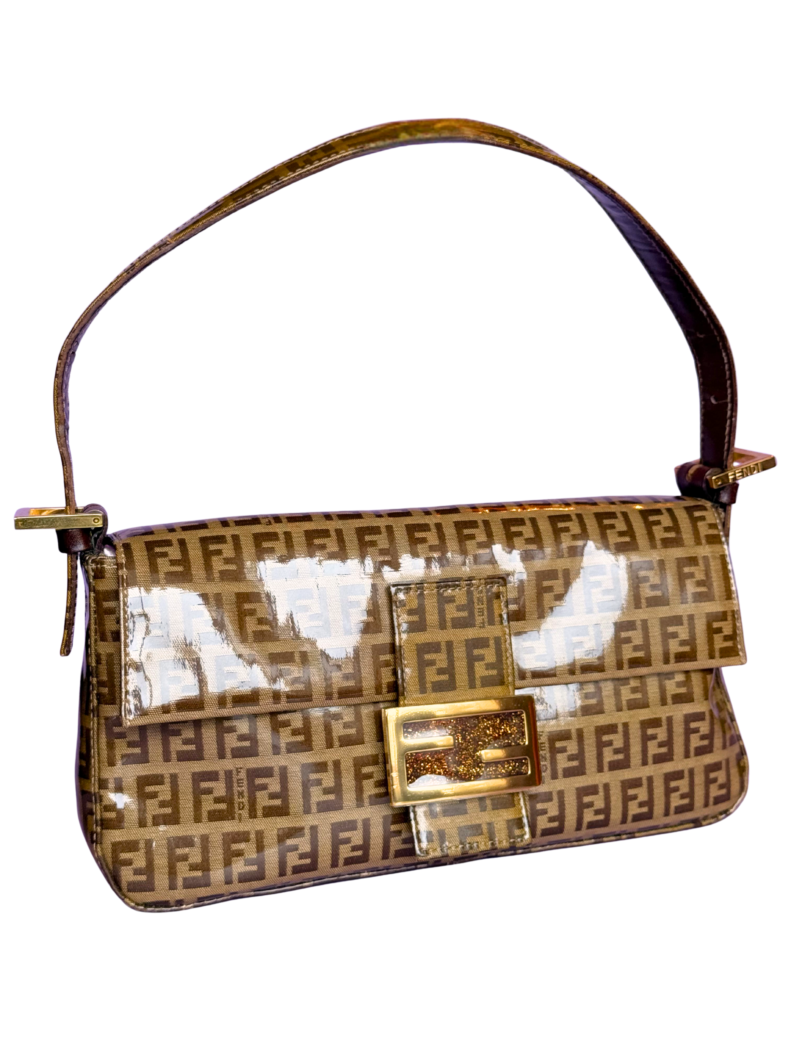 FENDI Zucchino Baguette PVC Shoulder Bag Brown with glitter buckle