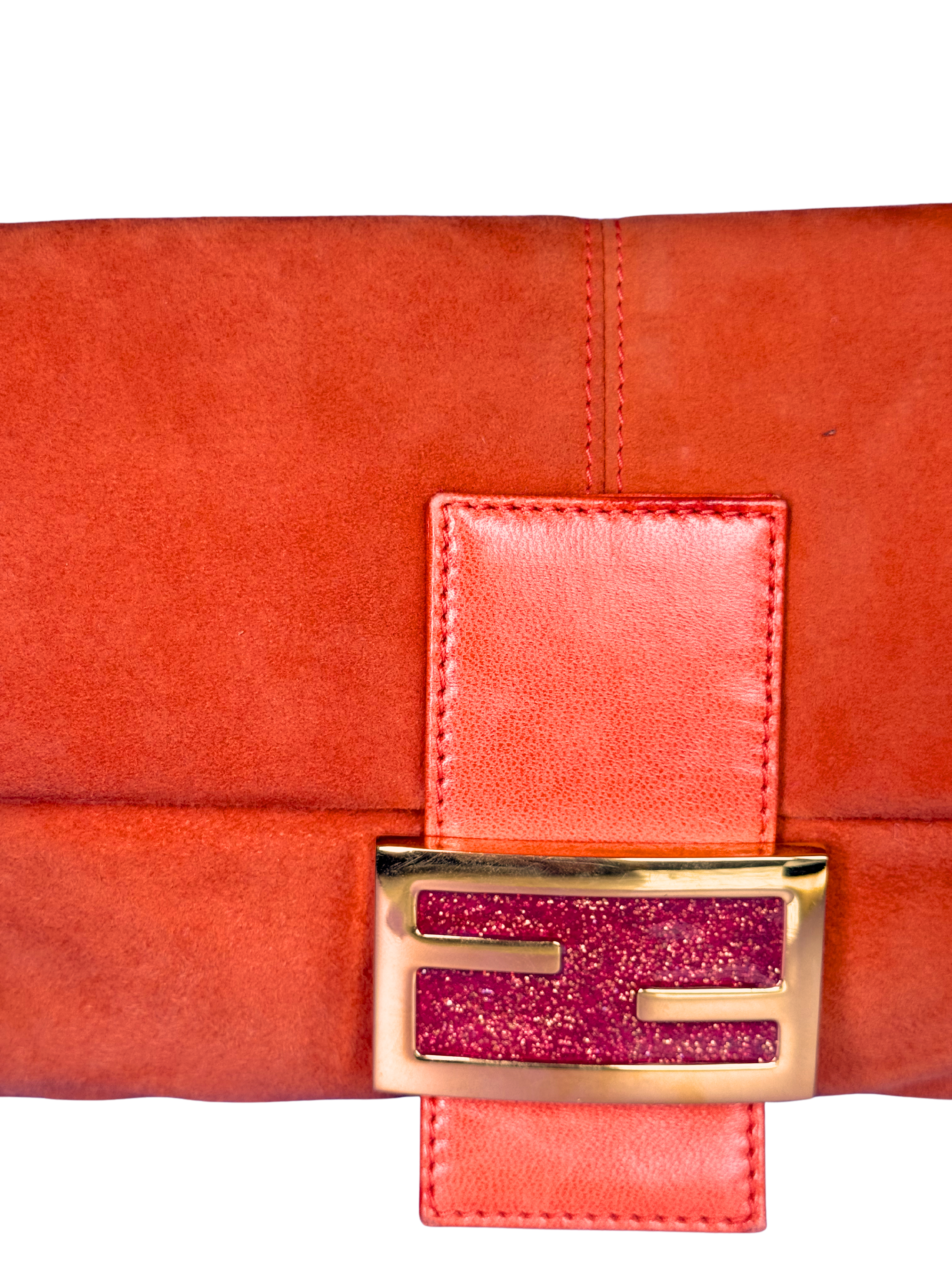 Fendi Orange Suede Baguette with Gold Buckle and Pink Sparkles