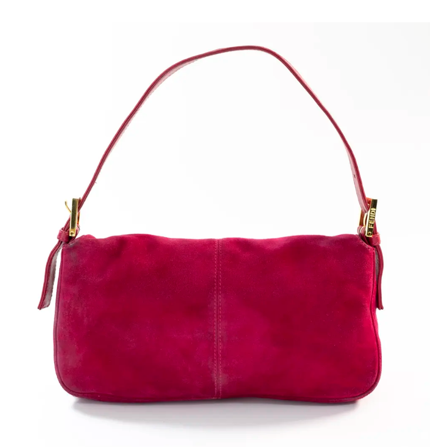 Baguette Fendi in camoscio rosa acceso con fibbia dorata e glitter rosa