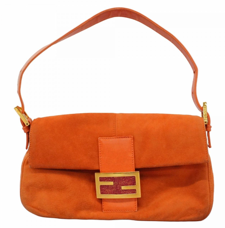 Fendi Orange Suede Baguette with Gold Buckle and Pink Sparkles