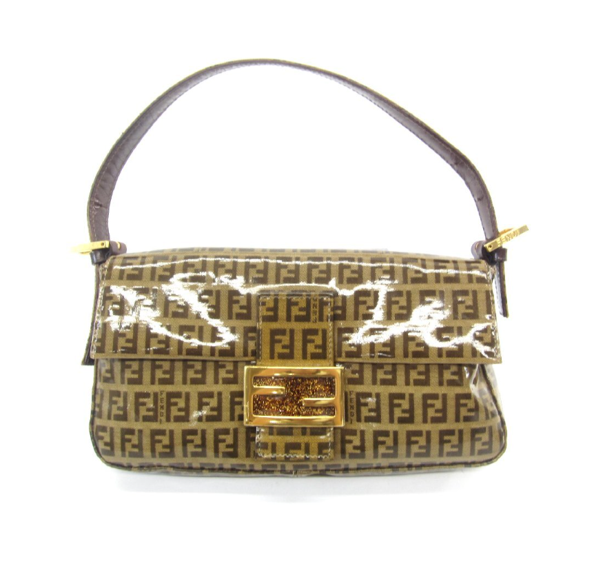 FENDI Zucchino Baguette PVC Shoulder Bag Brown with glitter buckle