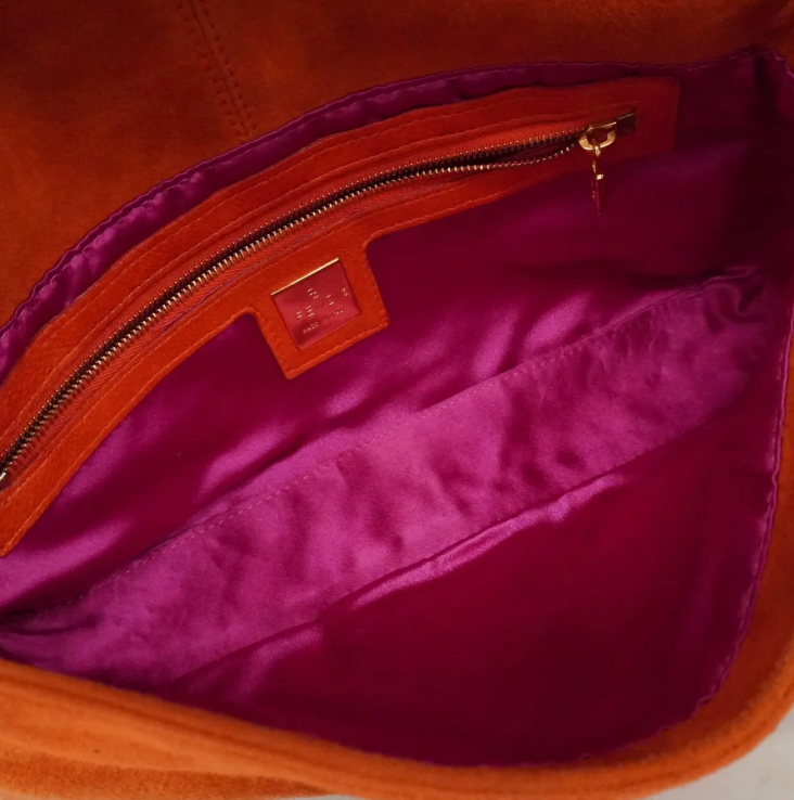 Fendi Orange Suede Baguette with Gold Buckle and Pink Sparkles