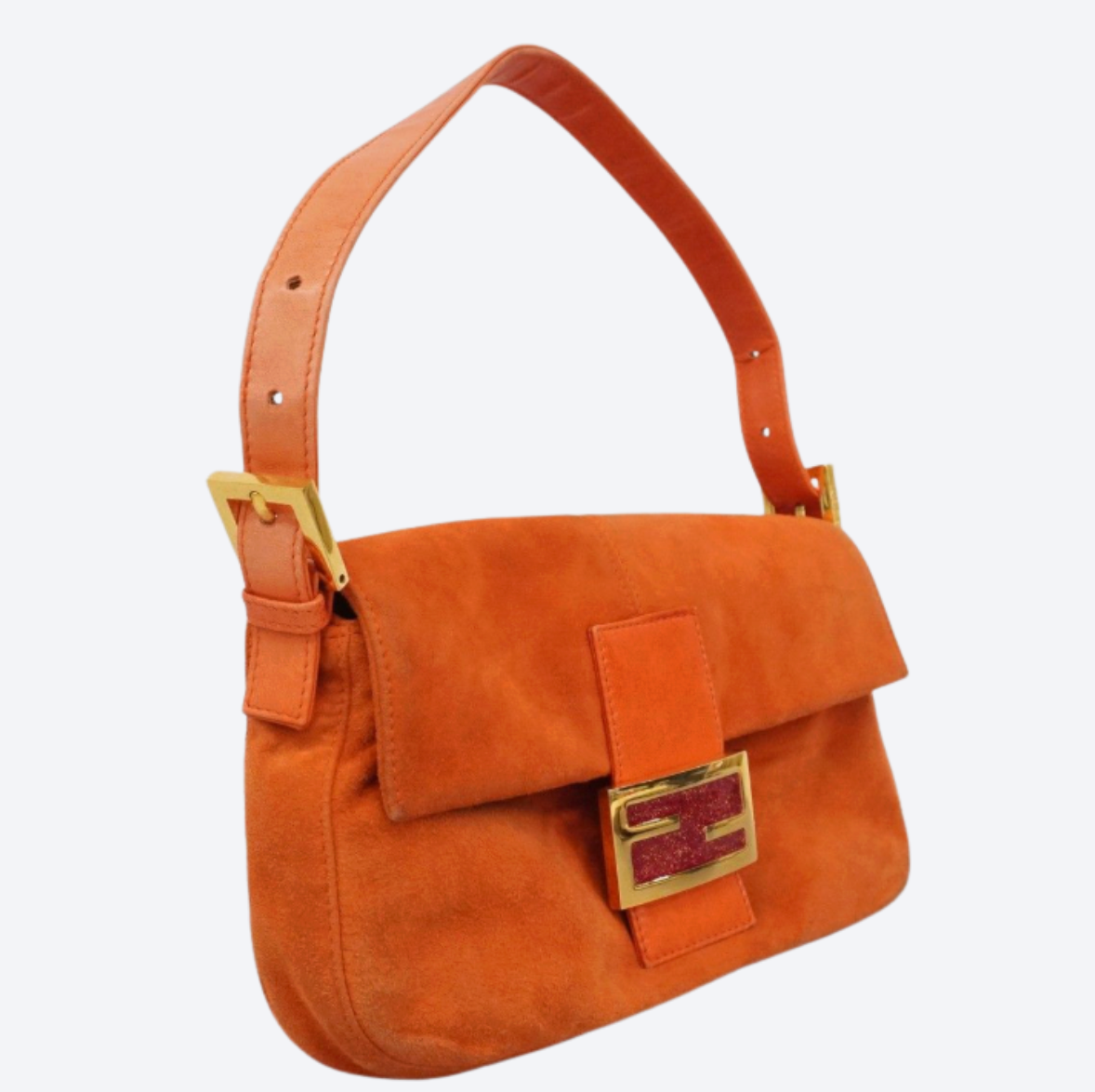 Fendi Orange Suede Baguette with Gold Buckle and Pink Sparkles
