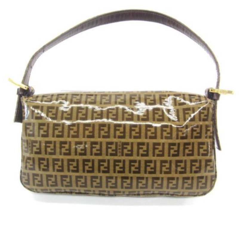 FENDI Zucchino Baguette PVC Shoulder Bag Brown with glitter buckle