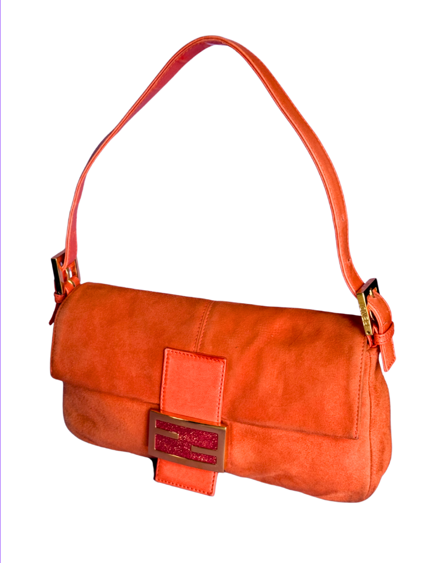 Fendi Orange Suede Baguette with Gold Buckle and Pink Sparkles