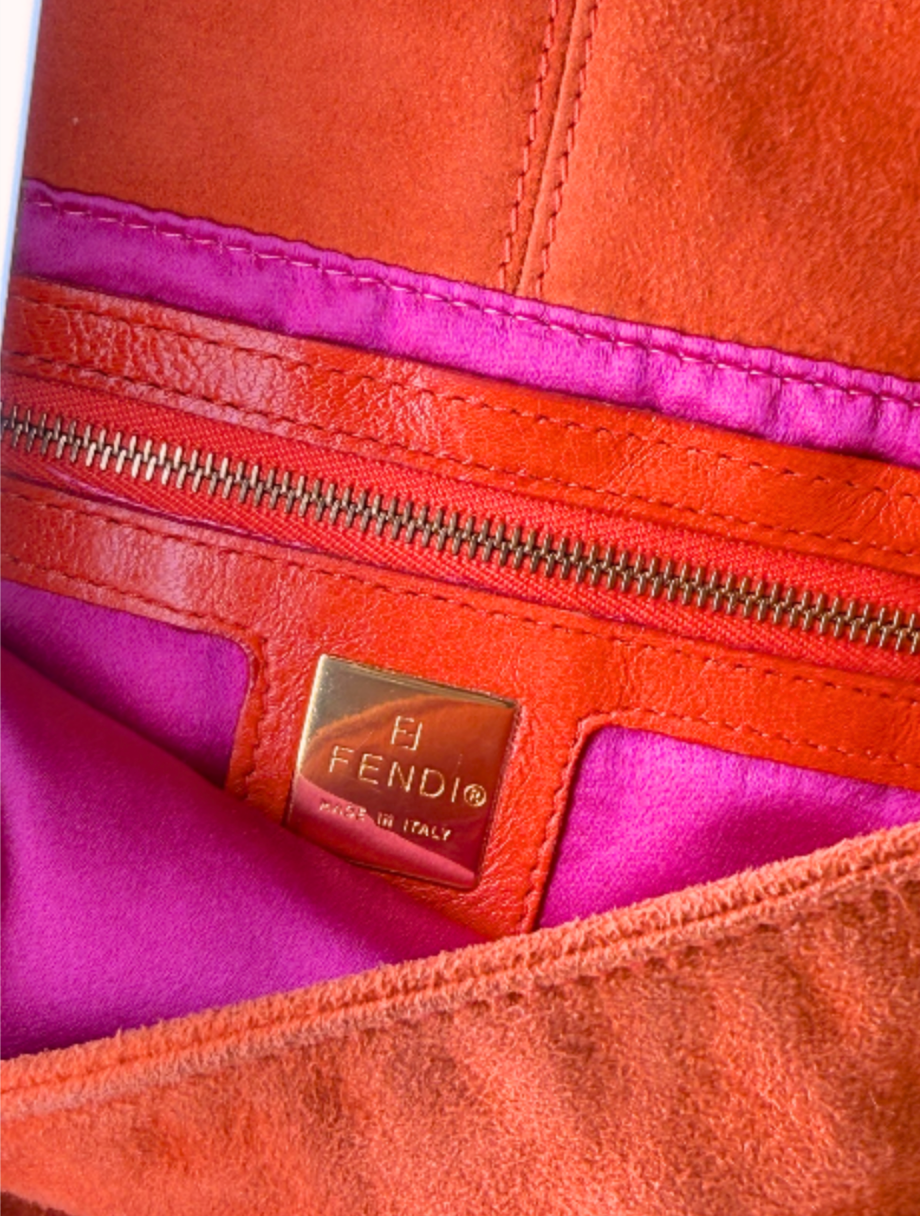 Fendi Orange Suede Baguette with Gold Buckle and Pink Sparkles