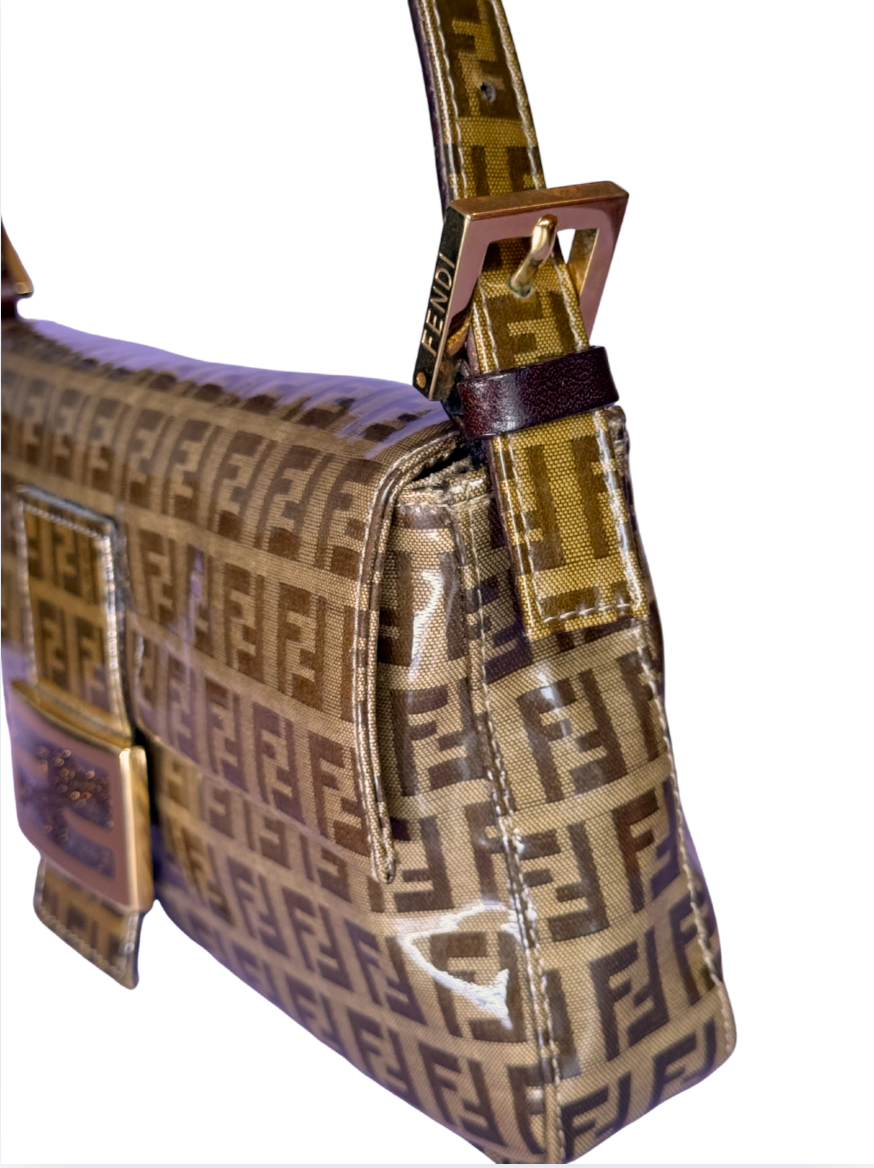 FENDI Zucchino Baguette PVC Shoulder Bag Brown with glitter buckle