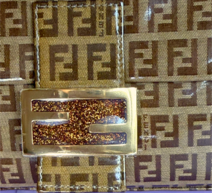 FENDI Zucchino Baguette PVC Shoulder Bag Brown with glitter buckle