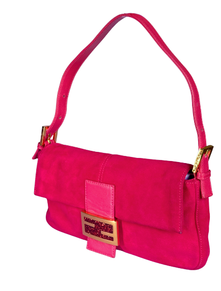 Fendi Hot Pink Suede Baguette with Gold Buckle and Pink Sparkles