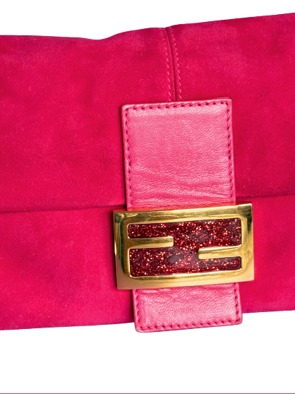 Fendi Hot Pink Suede Baguette with Gold Buckle and Pink Sparkles