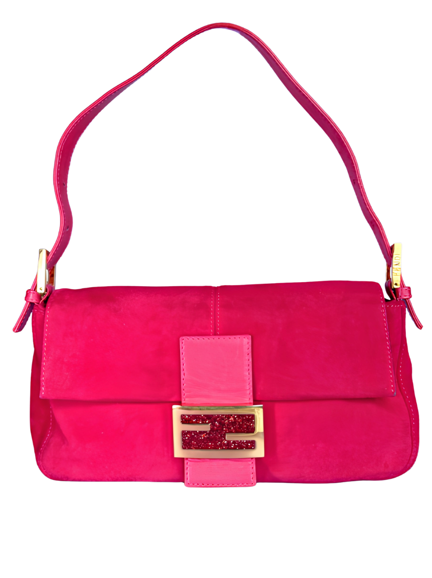 Fendi Hot Pink Suede Baguette with Gold Buckle and Pink Sparkles