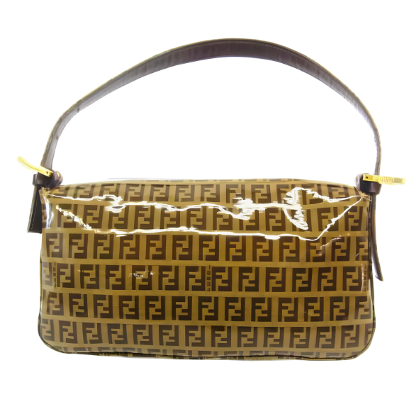 FENDI Zucchino Baguette PVC Shoulder Bag Brown with glitter buckle