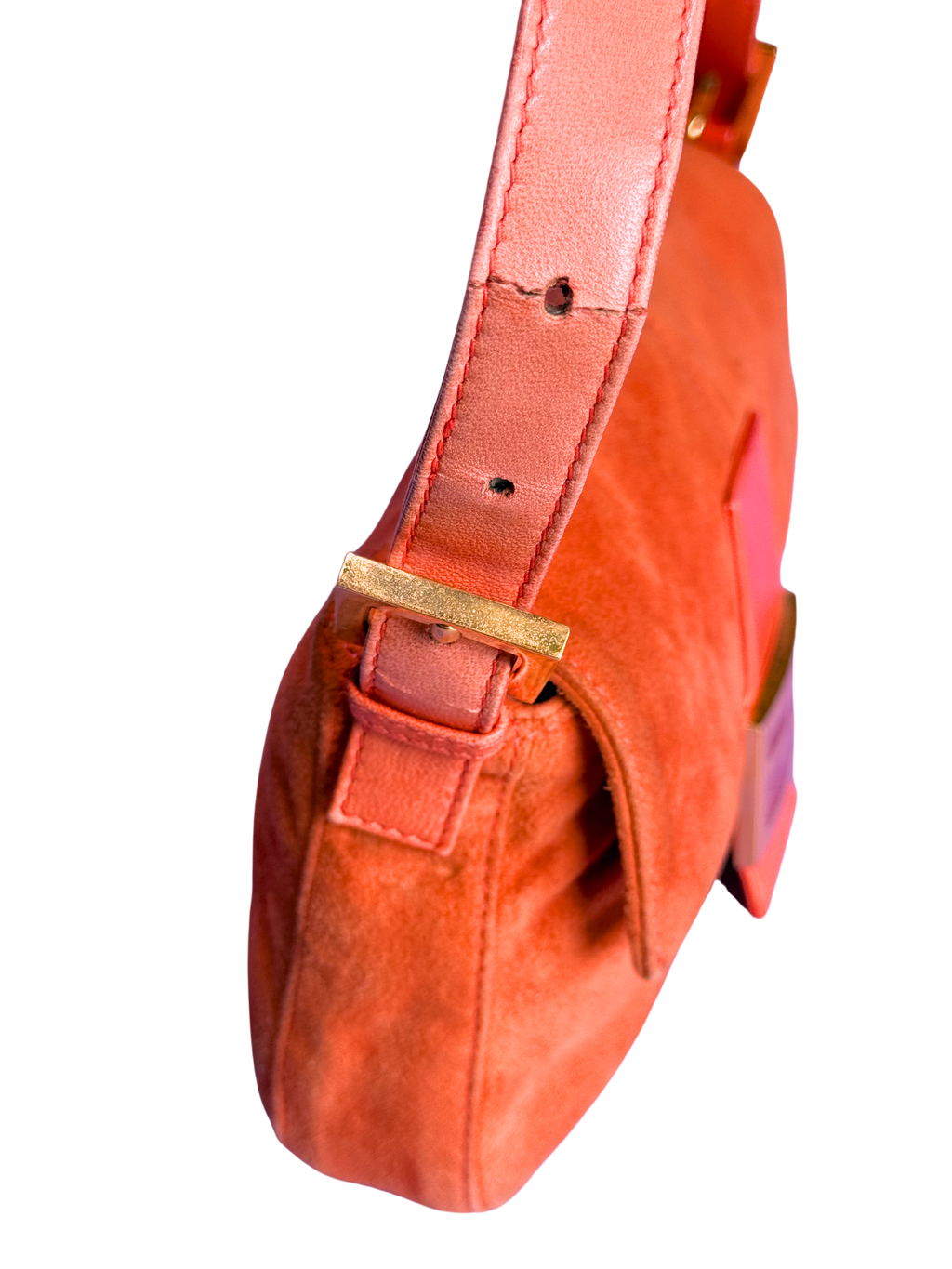 Fendi Orange Suede Baguette with Gold Buckle and Pink Sparkles